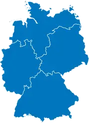 Karte von Deutschland, unterteilt in vier Regionen (Himmelsrichtungen)